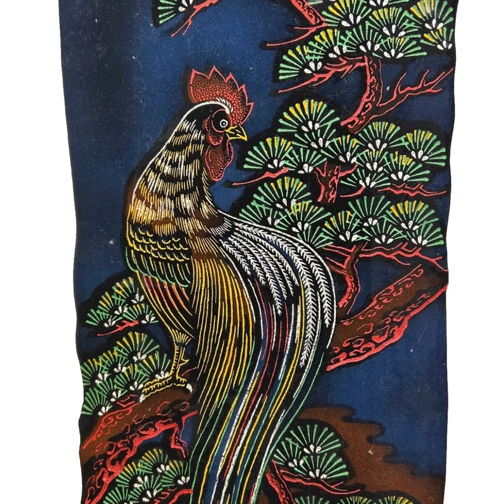 Velvet Wall Hanging Hand Painted Art Rooster Chicken Vintage 60s Blue Red Japan